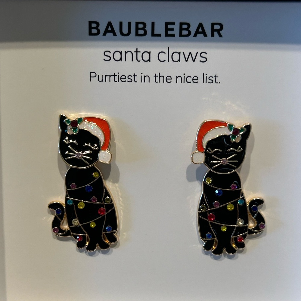 NWOT BaubleBar Santa Claws Cat Earrings - Black with Multicolor Accents